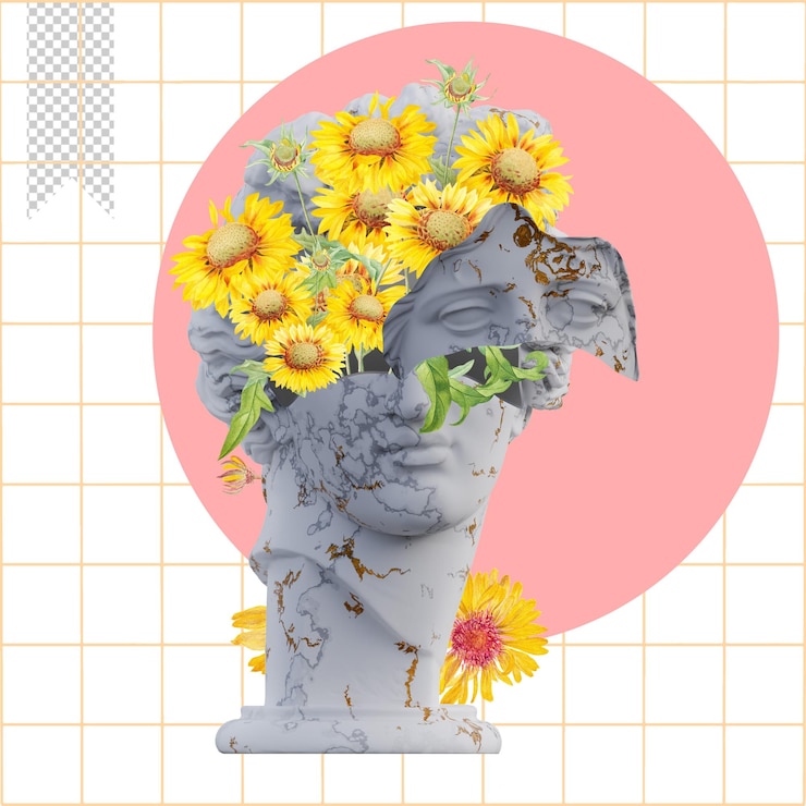 PSD apollo giustiniani statues 3d renders collage with flower petals compositions for your work