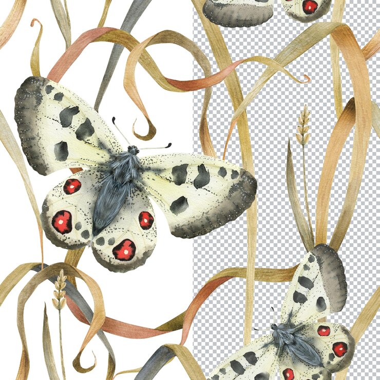 PSD apolo mariposas y plantas de verano de patrones sin fisuras. ilustración de la naturaleza de la acuarela para envases, tarjetas y textiles.