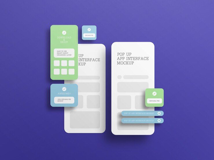 PSD app interface with pop up screen mockup