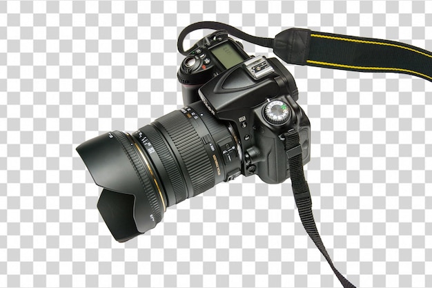 PSD un appareil photo avec un objectif fixé dessus et une sangle qui dit nikon dessus.