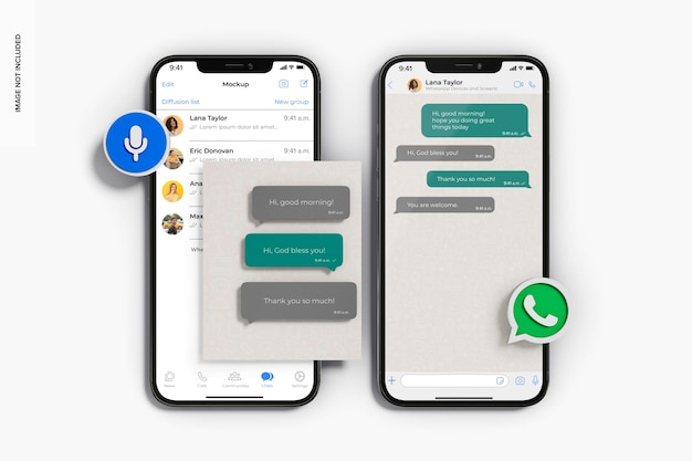 PSD appareils whatsapp avec maquette d'icônes, vue de dessus