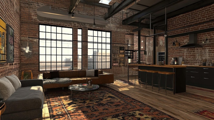 PSD appartamento industriale al soffitto illuminato dal sole design moderno incontra mattoni a vista