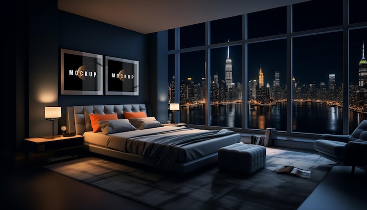 PSD appartamento moderno e di lusso camera da letto comodo letto vicino alla finestra con wall canvas mockup