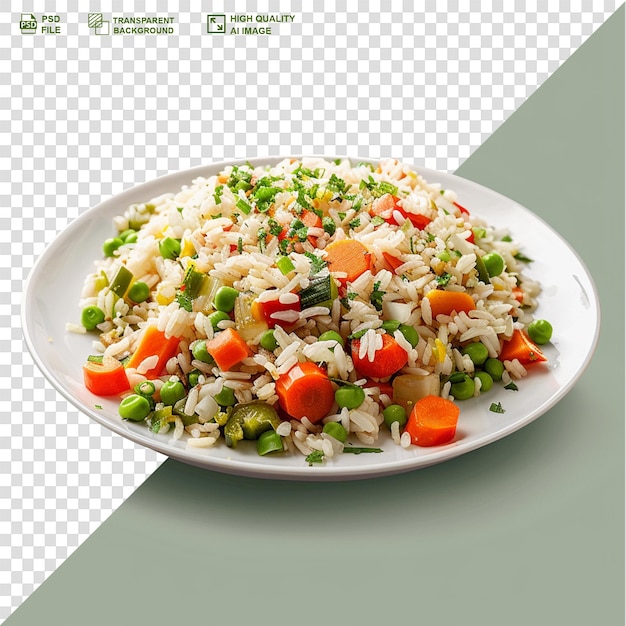 PSD appetizing healthy rice with vegetables in white plate on transparent background