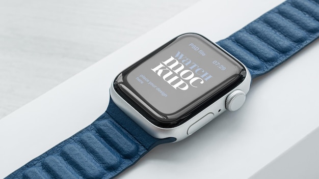 Apple-uhr mit blauem band-psd-vorlage