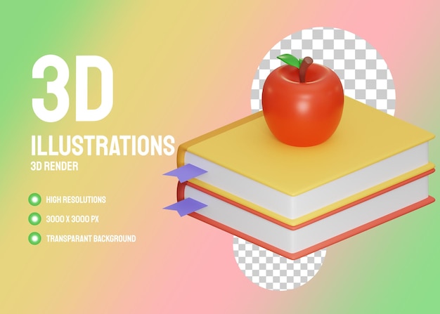 Apple und buch 3d-illustration