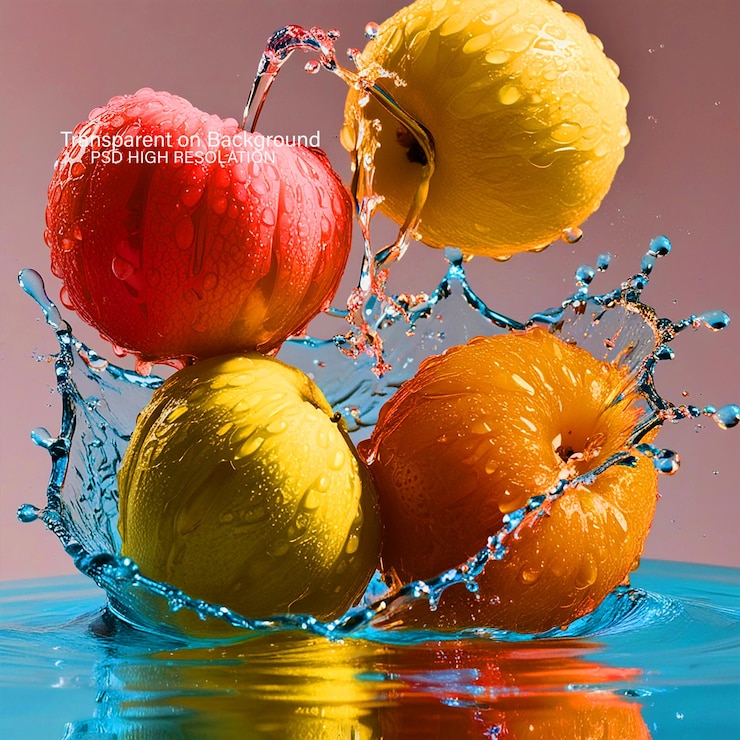 PSD apples are being splashed with water and the sun behind themon transparent background