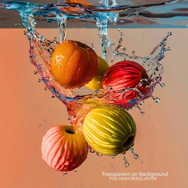 PSD apples are being splashed with water and the sun behind themon transparent background