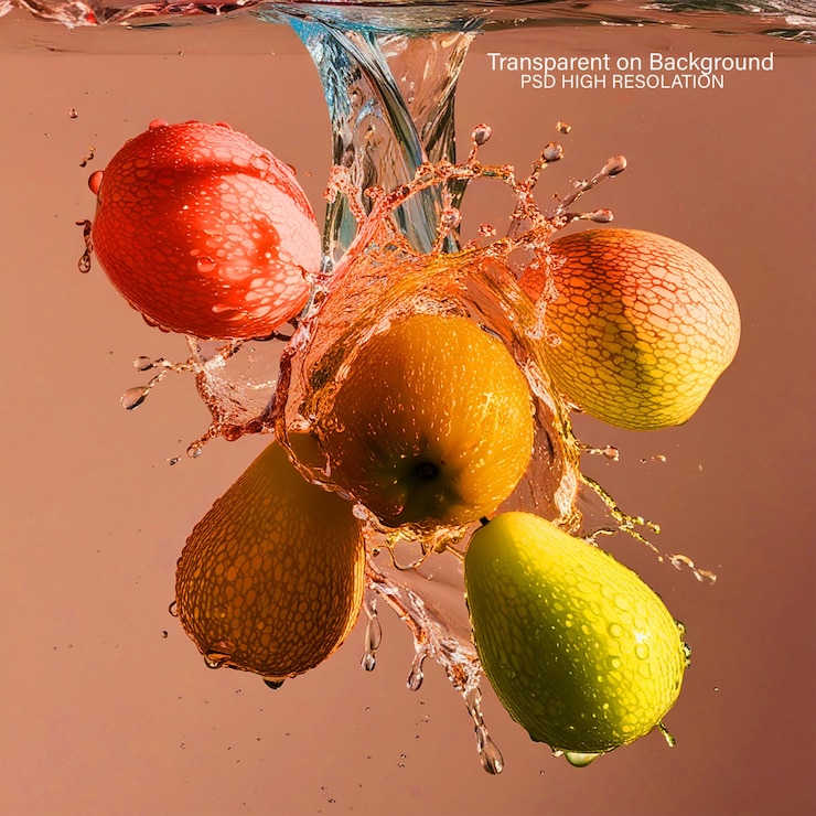 PSD apples are being splashed with water and the sun behind themon transparent background