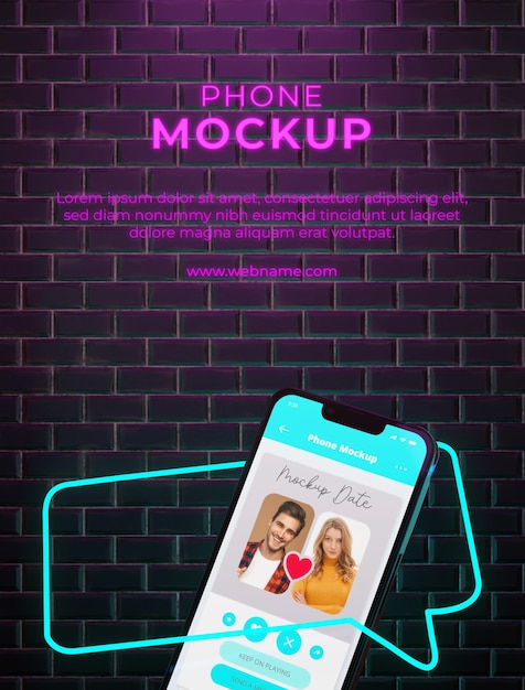 PSD application de rencontre pour smartphone avec fond néon et brique