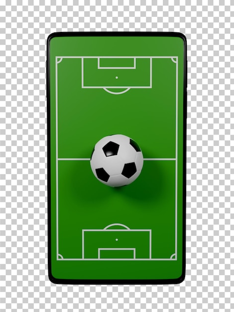 Applicazione online di calcio su smartphone Campi da calcio schermo telefono cellulare notizie calcio concetto sport canale rendering 3d