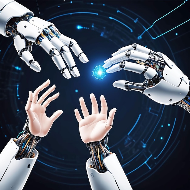 Apprendimento automatico Artificiale Mani di robot e umani che toccano i big data