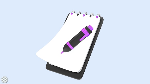 Appunti di carta bianca con rendering 3d con penna per l'illustrazione di apparecchiature fisse per ufficio