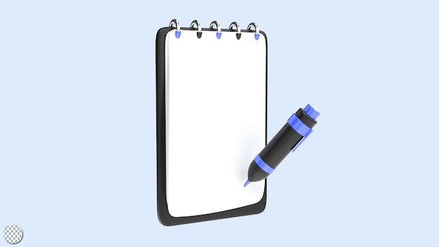 Appunti di carta bianca con rendering 3d con penna per l'illustrazione di apparecchiature fisse per ufficio