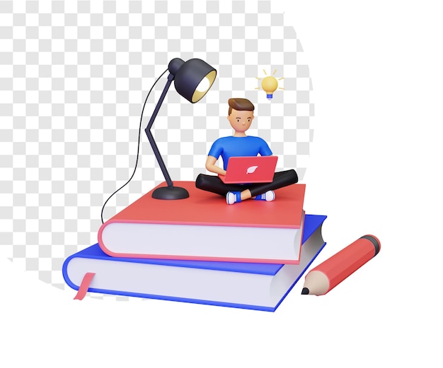 Aprendizagem 3d com personagem masculino sentado em uma pilha de livros