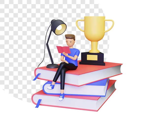 Aprendizaje 3d con personaje masculino leyendo un libro