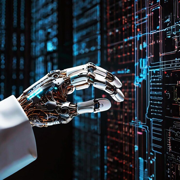 PSD aprendizaje automático: manos de robots y humanos tocando el fondo de la conexión de la red de grandes datos