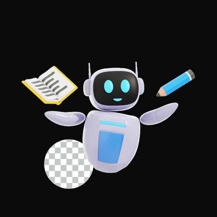 PSD aprendizaje de robots inteligentes en 3d con libro e ilustración con lápiz