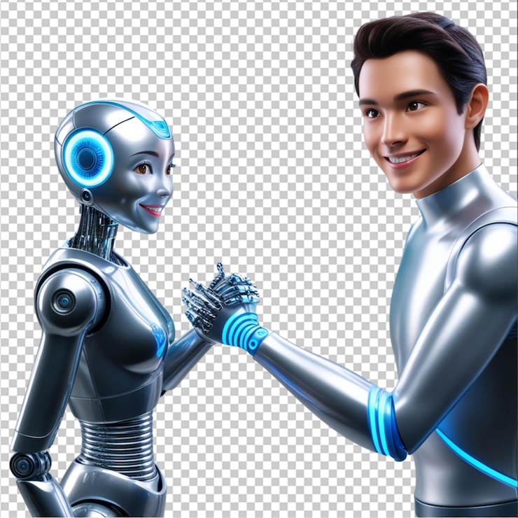 PSD el apretón de mano del robot, el fondo humano, la era digital futurista sobre un fondo blanco.