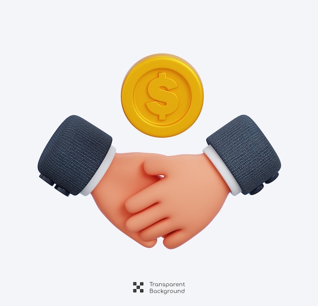 Apretón de manos con monedas de dólar de oro aisladas Inversión de dinero y comercio de negocios Renderizado en 3D