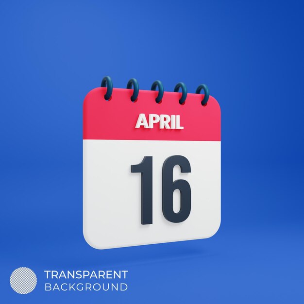 April realistisches Kalendersymbol 3D gerendertes Datum 16. April