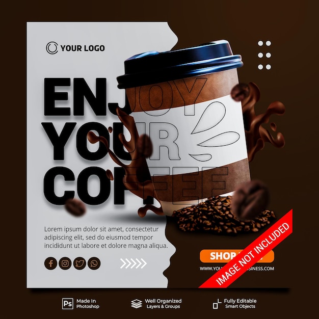 Aproveite seu café novo menu bebida de café especial para promoção de mídia social instagram post feed modelo de banner