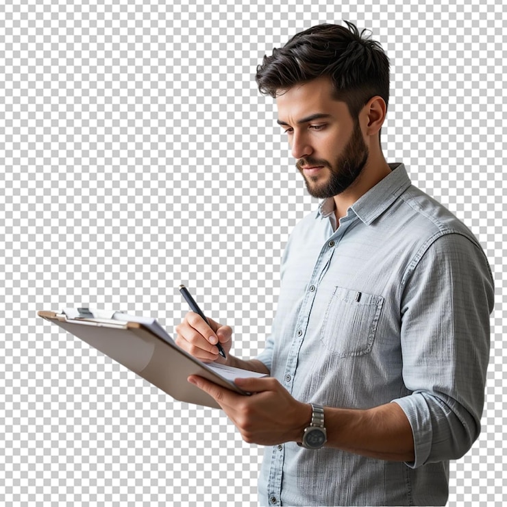 PSD el apuesto hombre de negocios escribiendo en el clipboard aislado