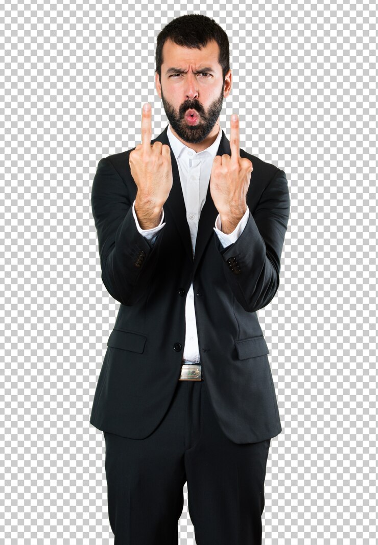 PSD apuesto hombre de negocios haciendo gesto de cuerno