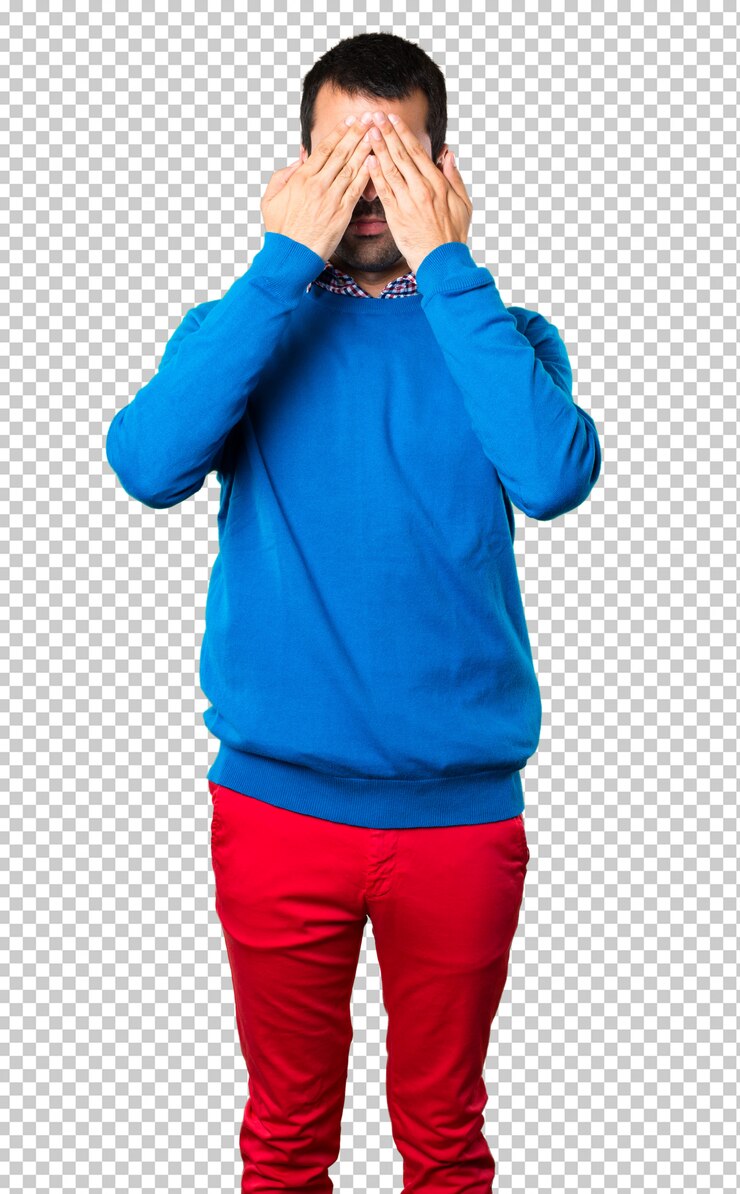 PSD apuesto joven cubriendo sus ojos