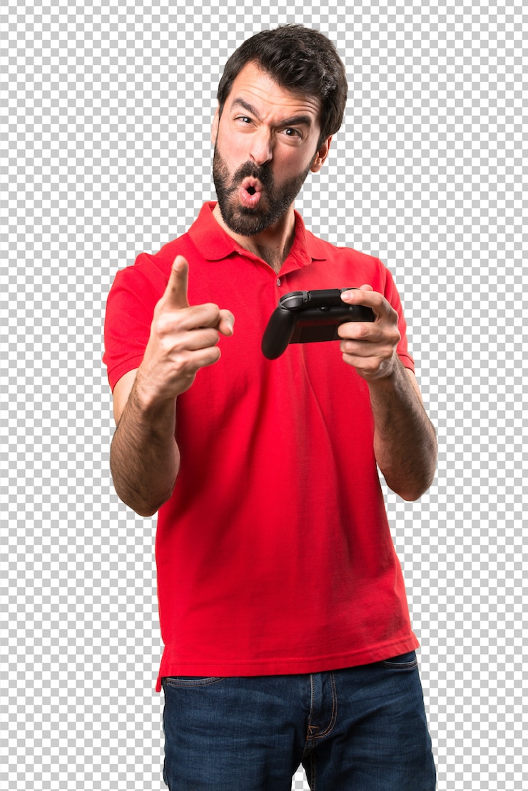 PSD apuesto joven gritando y jugando videojuegos