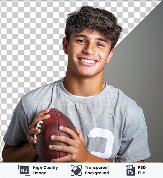 PSD apuesto joven jugador de fútbol hombre con cabello marrón nariz grande y cara sonriente posa para una foto sosteniendo un fútbol marrón y rojo con su mano visible en primer plano