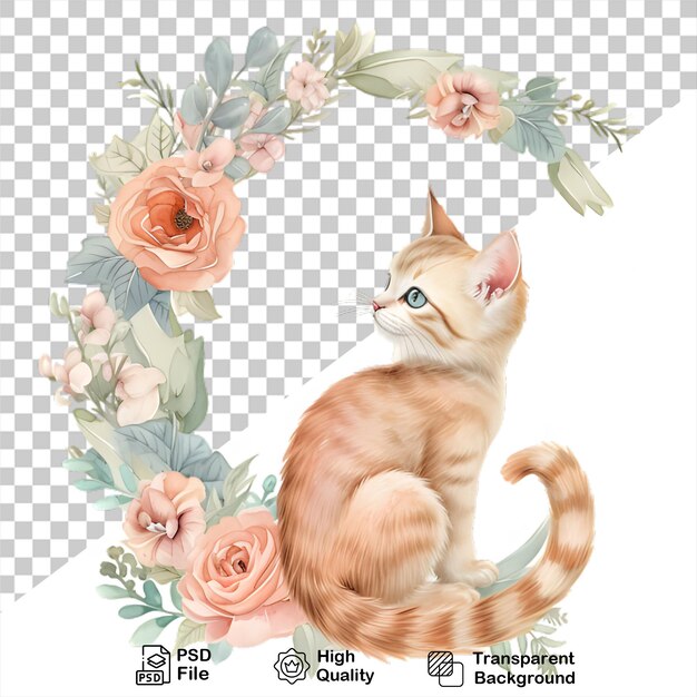 PSD aquarela alfabeto letra c gato com flores isoladas em fundo transparente inclui arquivo png