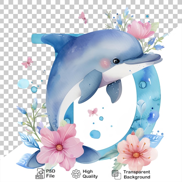 PSD aquarela alfabeto letra d golfinho com flores isoladas em fundo transparente