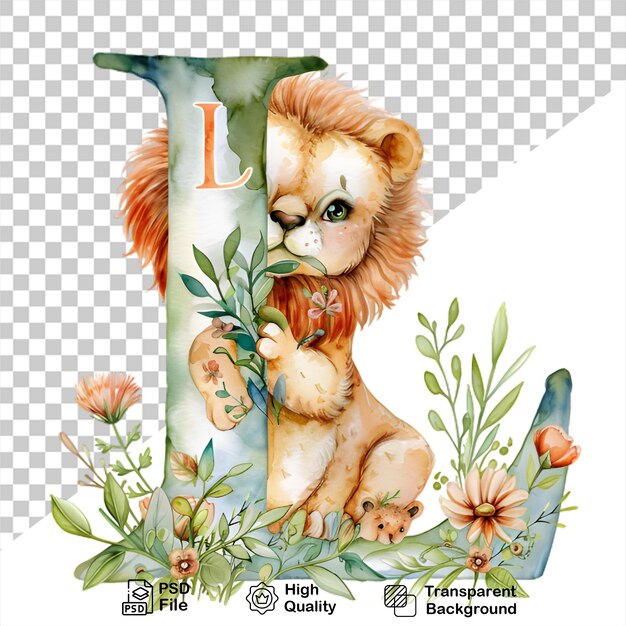 Aquarela alfabeto letra l leão com flores isoladas em fundo transparente