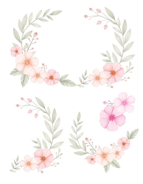 Aquarela Arranjos florais Flores cor-de-rosa e desenhos de vegetação
