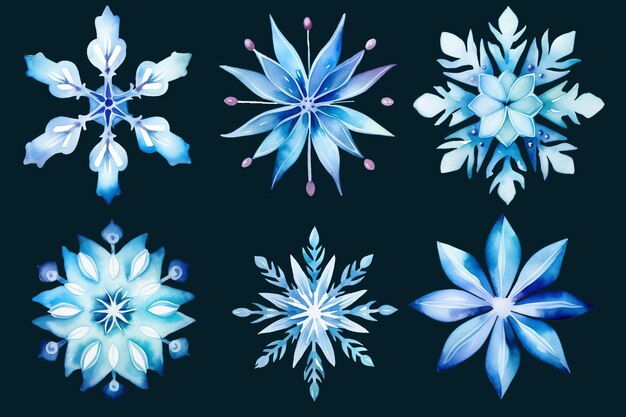 Aquarela azul cristal suave flor floco de neve conjunto de elementos clipart