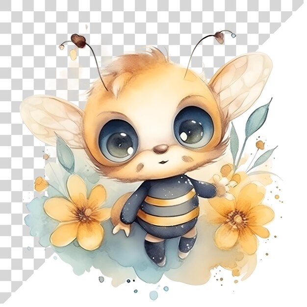 PSD aquarela bonita abelha clipart com flores em fundo transparente