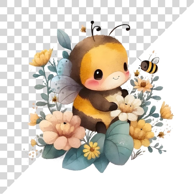 Aquarela bonita abelha clipart com flores em fundo transparente