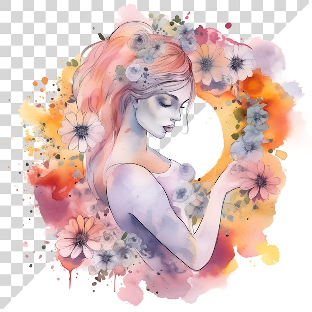 PSD aquarela bonita clipart mulher grávida com flores coroa floral em fundo transparente