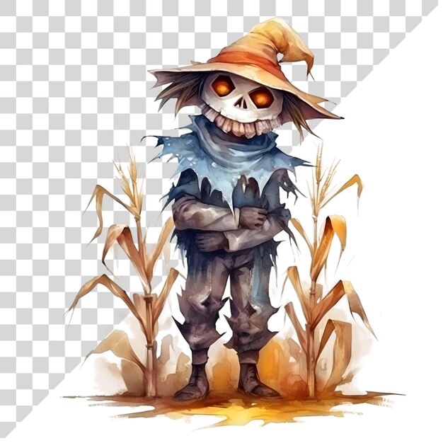 PSD aquarela bonito clipart espantalho de halloween em fundo transparente