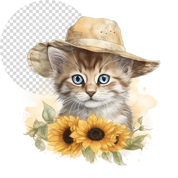 Aquarela bonito clipart gato vestindo chapéu com girassol em fundo transparente