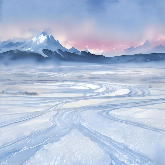 PSD aquarela campo siberiano coberto de neve congelado