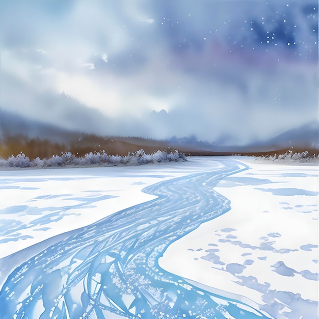 PSD aquarela campo siberiano coberto de neve congelado
