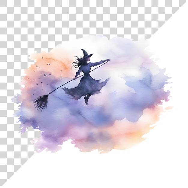 PSD aquarela clipart fofo halloween bruxa voando em vassoura em fundo transparente