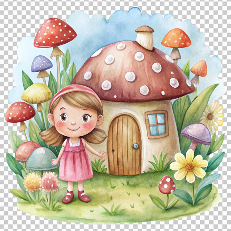 PSD aquarela conceito de casa de desenho animado de árvore de cogumelo