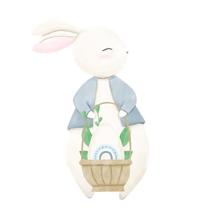 PSD aquarela conejo blanco con huevos de canasta de madera ilustración infantil para las vacaciones de pascua
