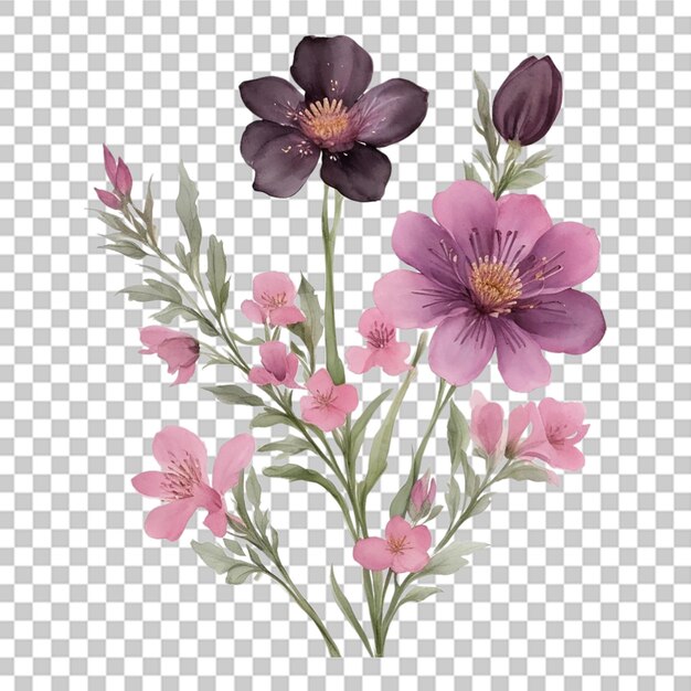 PSD aquarela cor-de-rosa bouquet de flores desenho de decoração vintage fundo transparente