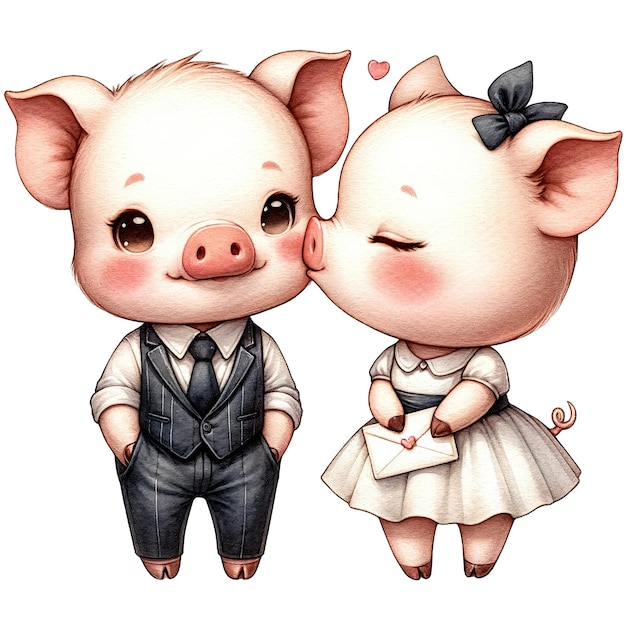 Aquarela, cute, encantador, casal, porco clipart