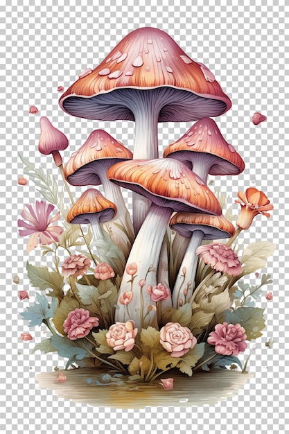 Aquarela de cogumelos e bouquet de flores ilustração isolada transparente