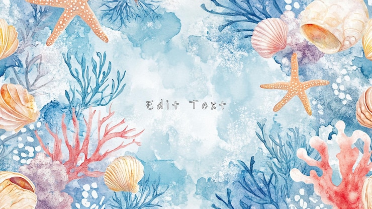 PSD aquarela de conchas, estrelas de mar e corais em fundo azul